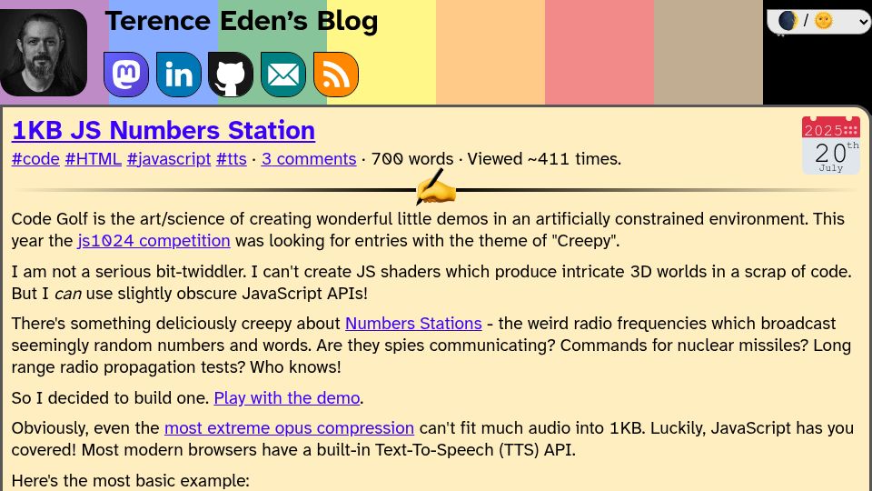 Screenshot of shkspr.mobi: 1KB JavaScript Numbers Station