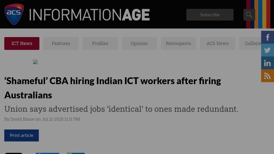 Screenshot of ia.acs.org.au: 'Shameful' CBA hiring Indian ICT workers after firing Australians