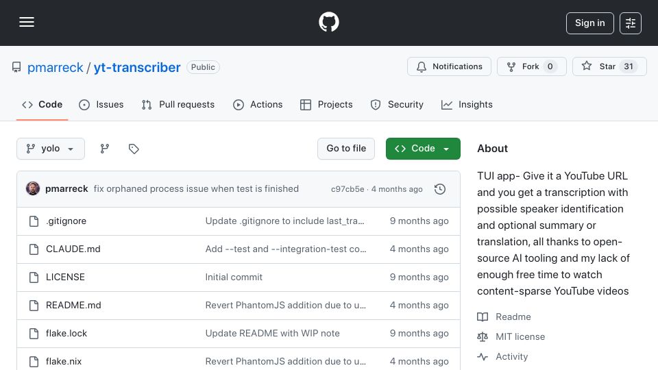 Screenshot of github.com: Yt-transcriber – Give a YouTube URL and get a transcription
