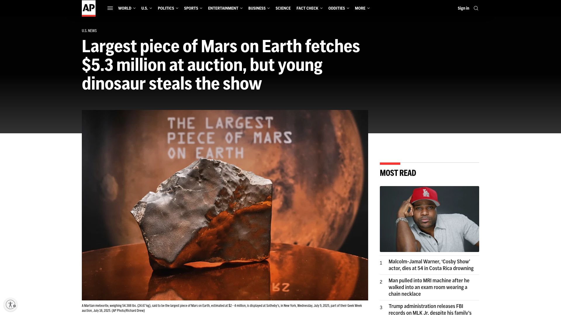 Screenshot of apnews.com: Largest piece of Mars on Earth fetches $5.3M at auction