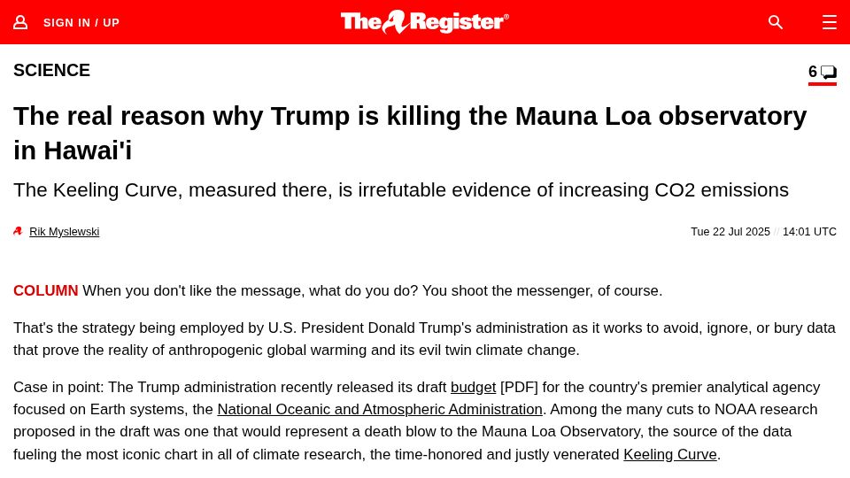 Screenshot of theregister.com: Killing the Mauna Loa observatory over irrefutable evidence of increasing CO2