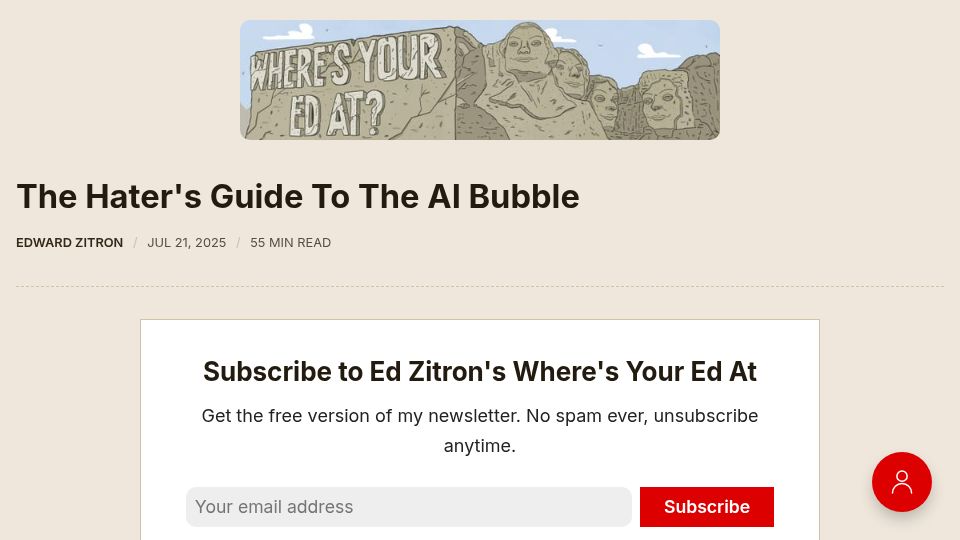 Screenshot of wheresyoured.at: The Hater's Guide to the AI Bubble