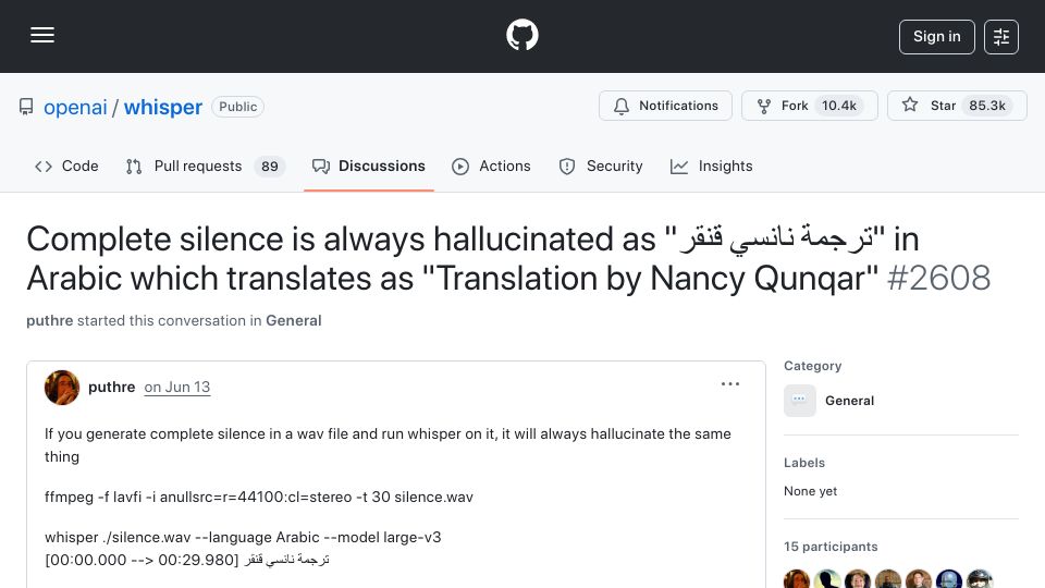 Screenshot of github.com: Complete silence is always hallucinated as "ترجمة نانسي قنقر" in Arabic