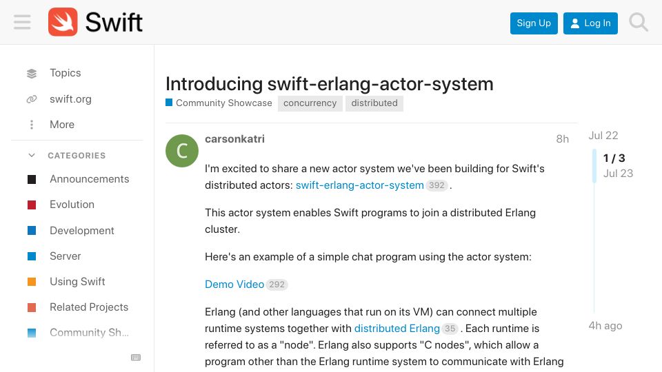 Screenshot of forums.swift.org: Swift-erlang-actor-system