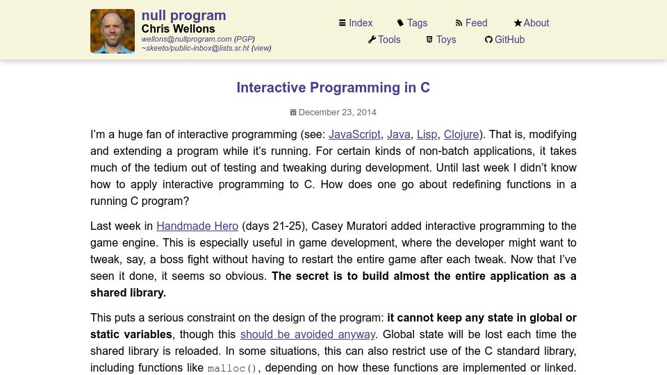 Screenshot of nullprogram.com: Interactive Programming in C (2014)