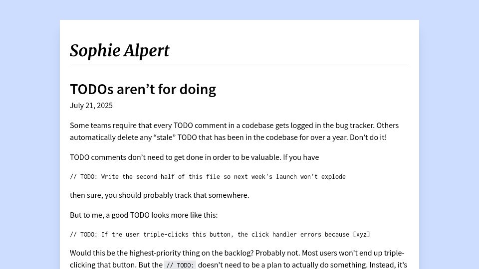 Screenshot of sophiebits.com: TODOs aren't for doing