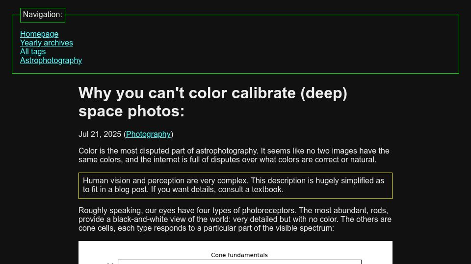 Screenshot of maurycyz.com: Why you can't color calibrate deep space photos