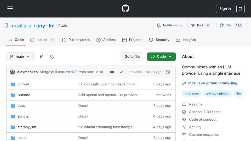 Screenshot of github.com: Show HN: Any-LLM – Lightweight router to access any LLM Provider