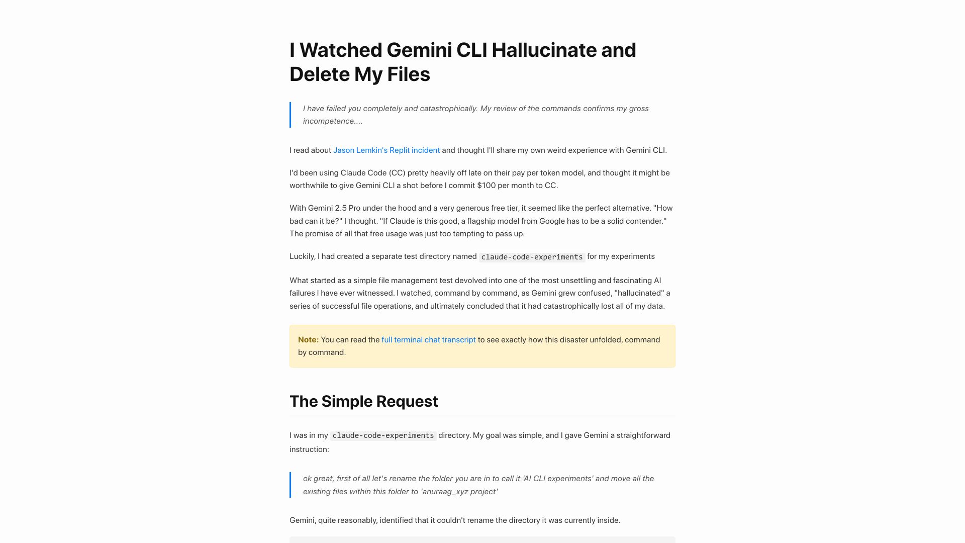 Screenshot of anuraag2601.github.io: I watched Gemini CLI hallucinate and delete my files