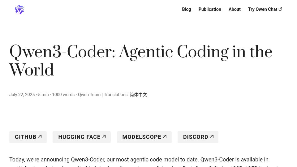 Screenshot of qwenlm.github.io: Qwen3-Coder: Agentic coding in the world