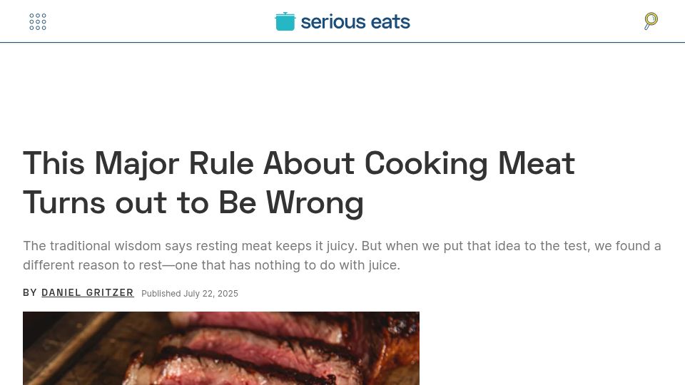 Screenshot of seriouseats.com: Major rule about cooking meat turns out to be wrong