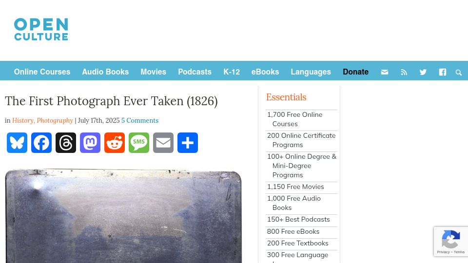 Screenshot of openculture.com: The First Photograph Ever Taken (1826)