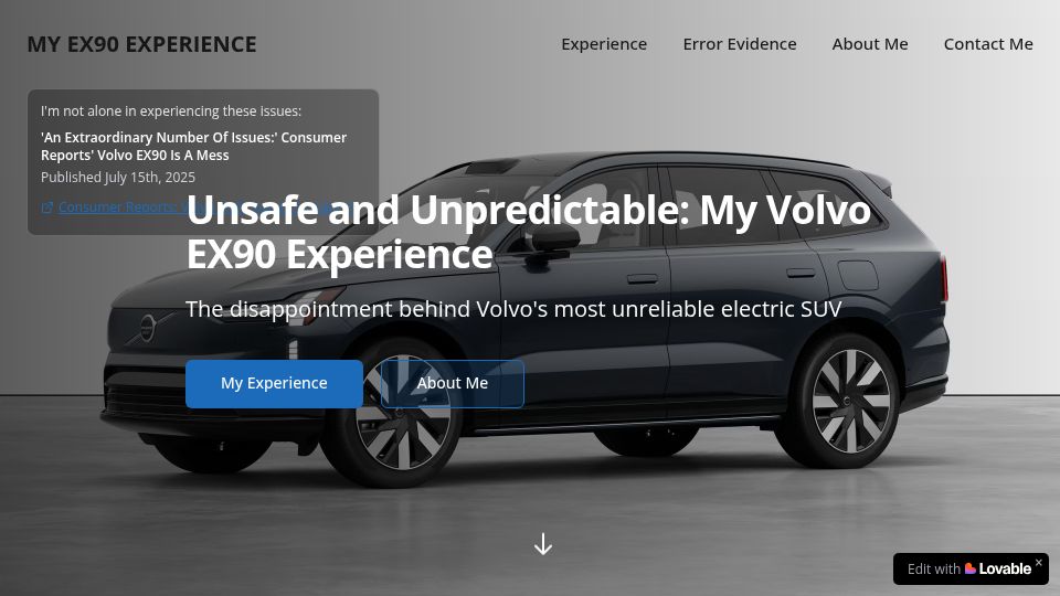 Screenshot of myvolvoex90.com: Unsafe and Unpredictable: My Volvo EX90 Experience