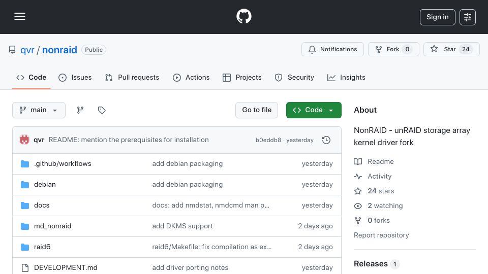 Screenshot of github.com: NonRAID – fork of unRAID array kernel module