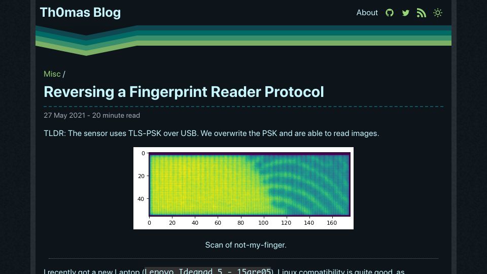 Screenshot of blog.th0m.as: Reversing a Fingerprint Reader Protocol (2021)
