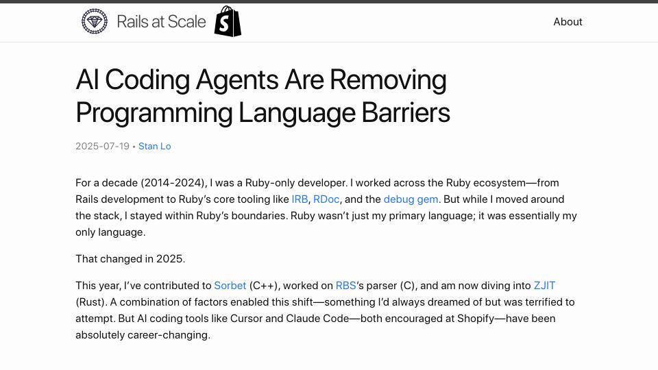 Screenshot of railsatscale.com: AI coding agents are removing programming language barriers