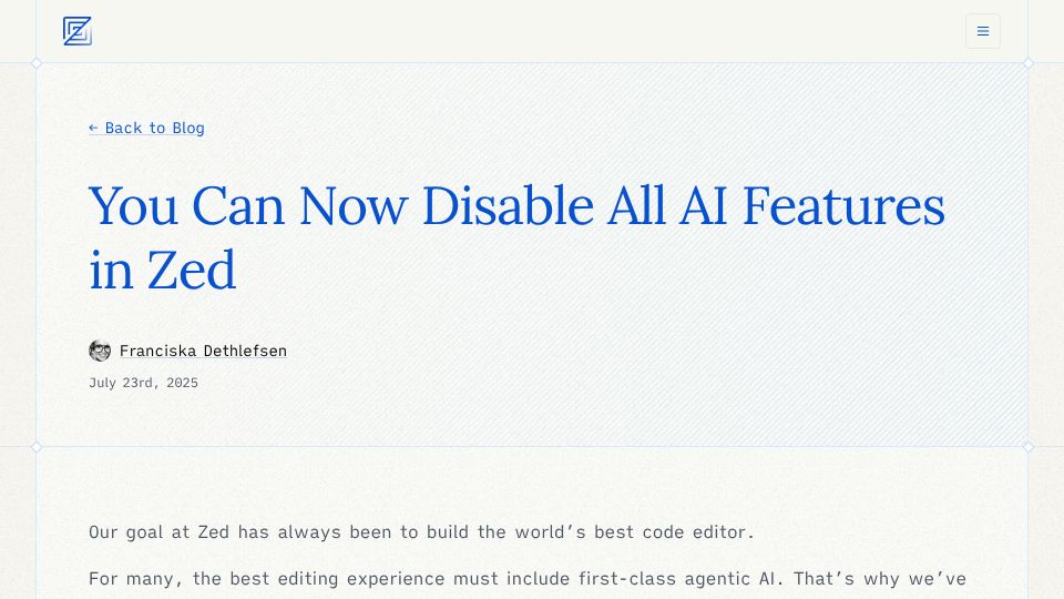 Screenshot of zed.dev: You can now disable all AI features in Zed