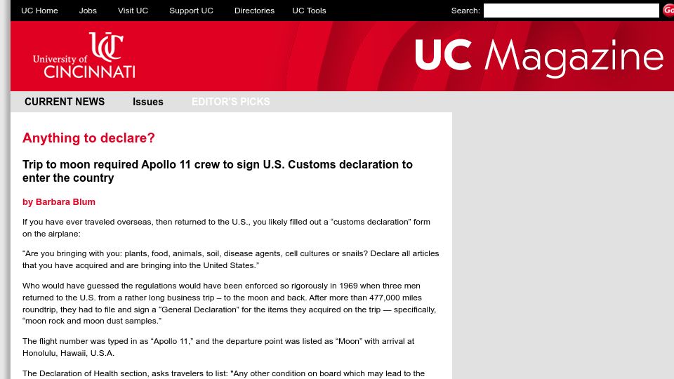 Screenshot of magazine.uc.edu: Neil Armstrong's customs form for moon rocks (2016)