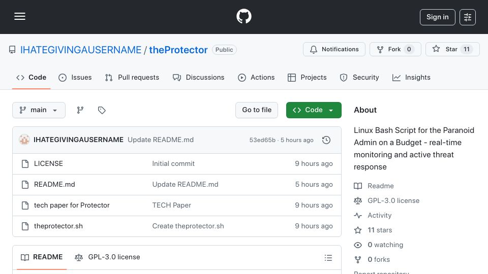 Screenshot of github.com: Show HN: TheProtector – Linux Bash script for the paranoid admin on a budget