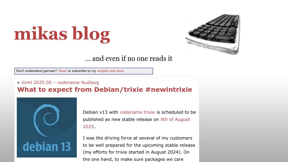 Screenshot of michael-prokop.at: What to expect from Debian/Trixie