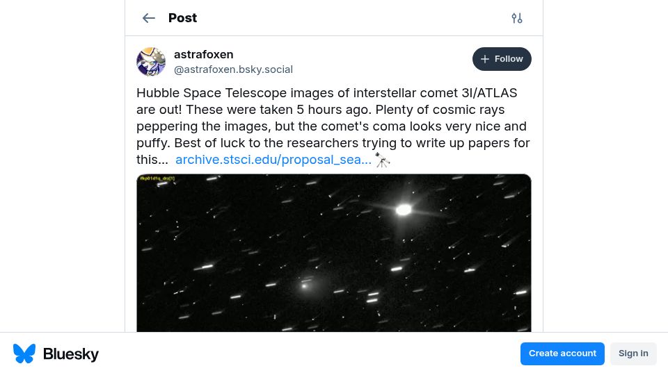 Screenshot of bsky.app: First Hubble telescope images of interstellar comet 3I/ATLAS