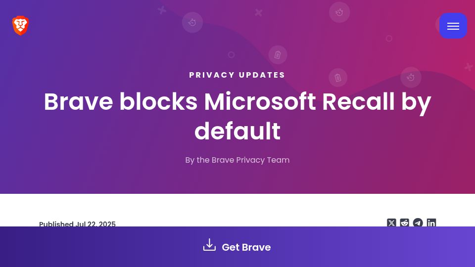 Screenshot of brave.com: Brave blocks Microsoft Recall by default