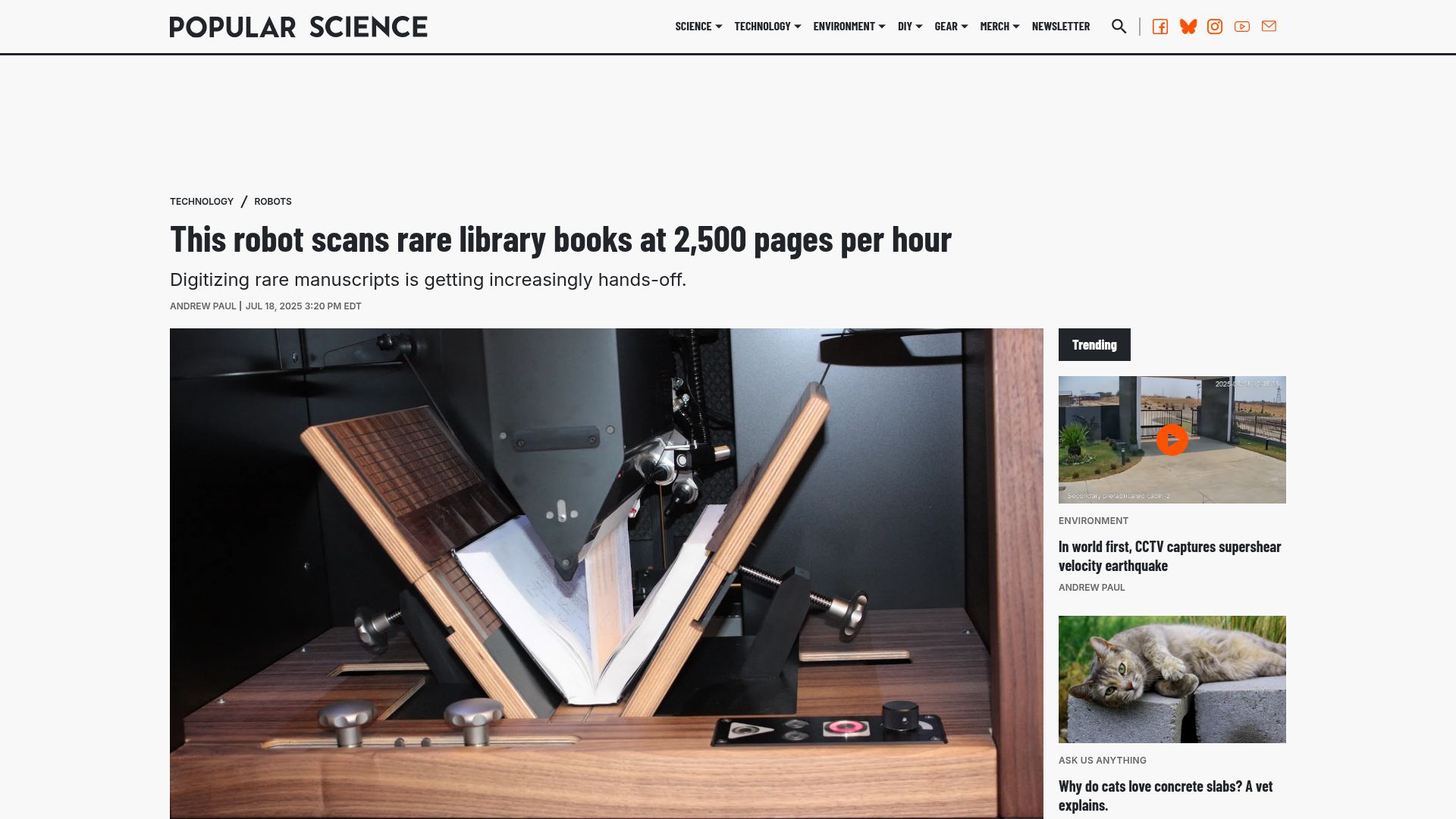 Screenshot of popsci.com: Robot scans rare library books at 2.5k pages per hour