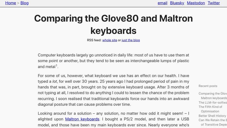 Screenshot of tratt.net: Comparing the Glove80 and Maltron Keyboards