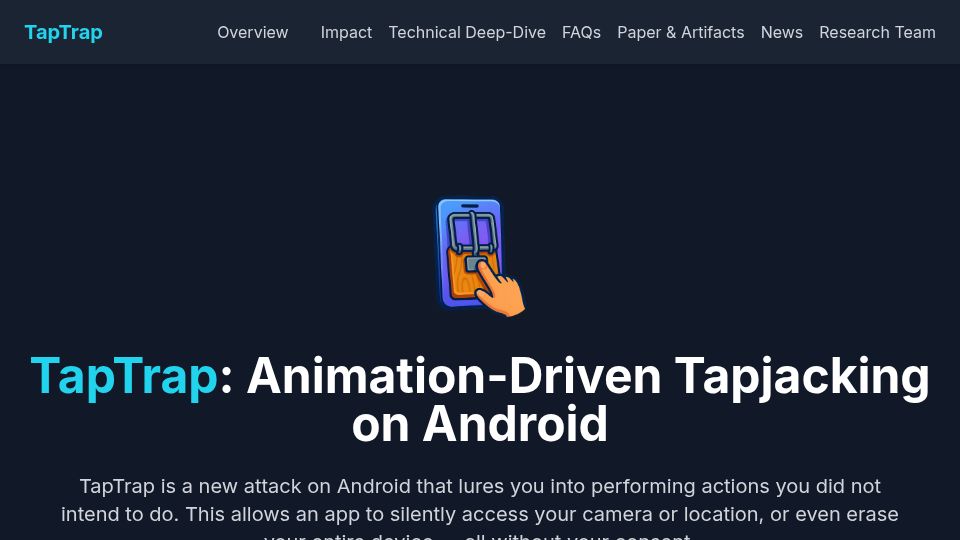 Screenshot of taptrap.click: TapTrap: Animation‑Driven Tapjacking on Android