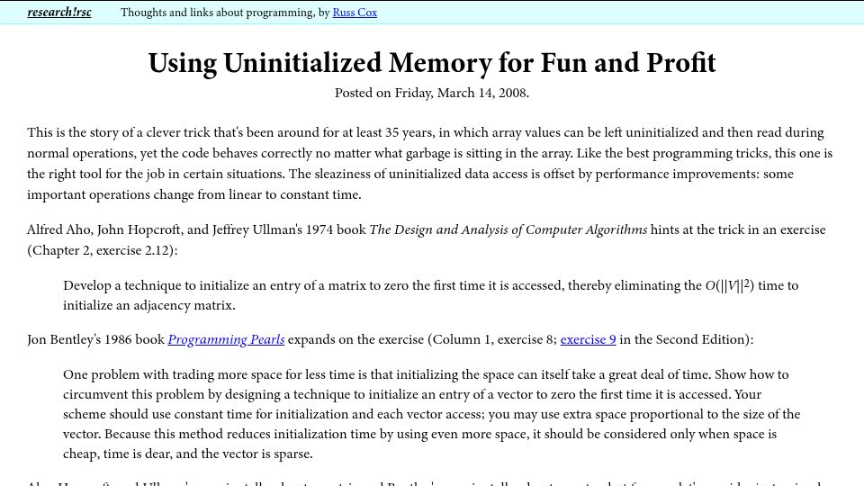 Screenshot of research.swtch.com: Using uninitialized memory for fun and profit (2008)