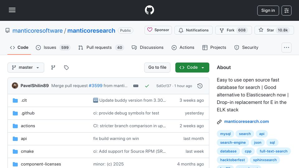 Screenshot of github.com: Manticore Search: Fast, efficient, drop-in replacement for Elasticsearch