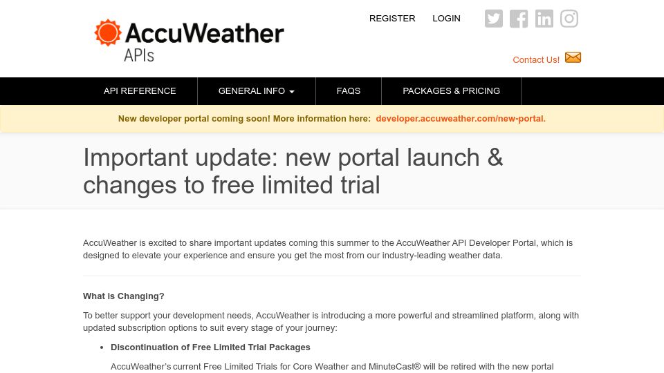 Screenshot of developer.accuweather.com: AccuWeather to discontinue free access to Core Weather API