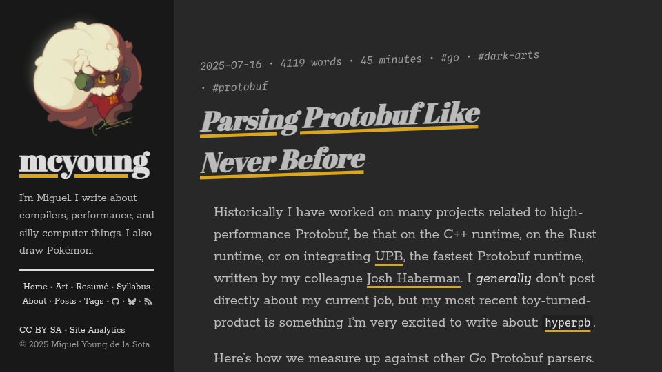 Screenshot of mcyoung.xyz: Parsing Protobuf like never before