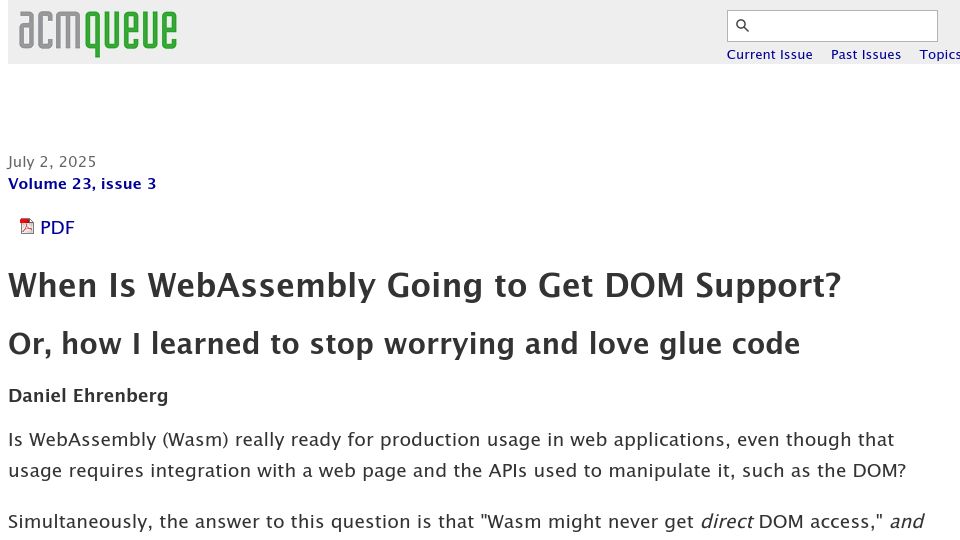 Screenshot of queue.acm.org: When Is WebAssembly Going to Get DOM Support?
