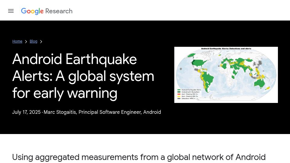 Screenshot of research.google: Android Earthquake Alerts: A global system for early warning