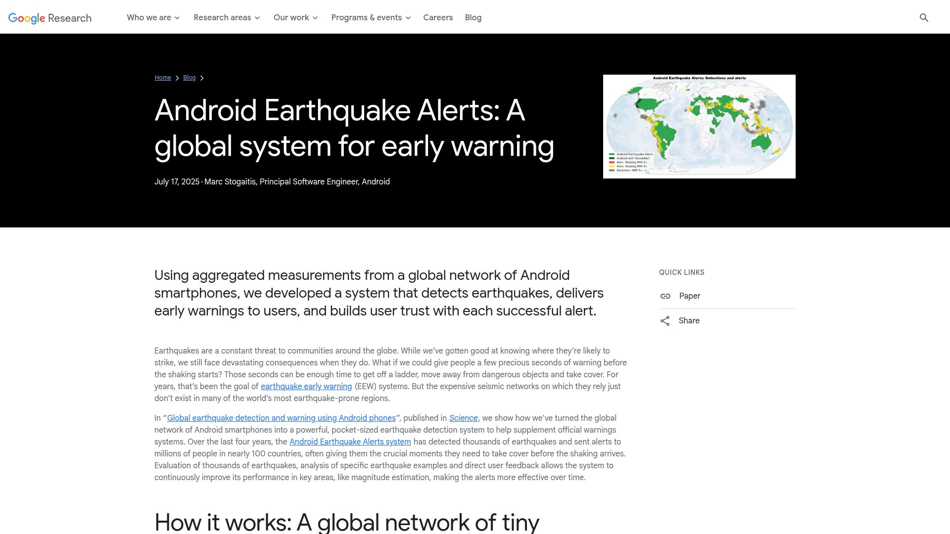 Screenshot of research.google: Android Earthquake Alerts: A global system for early warning