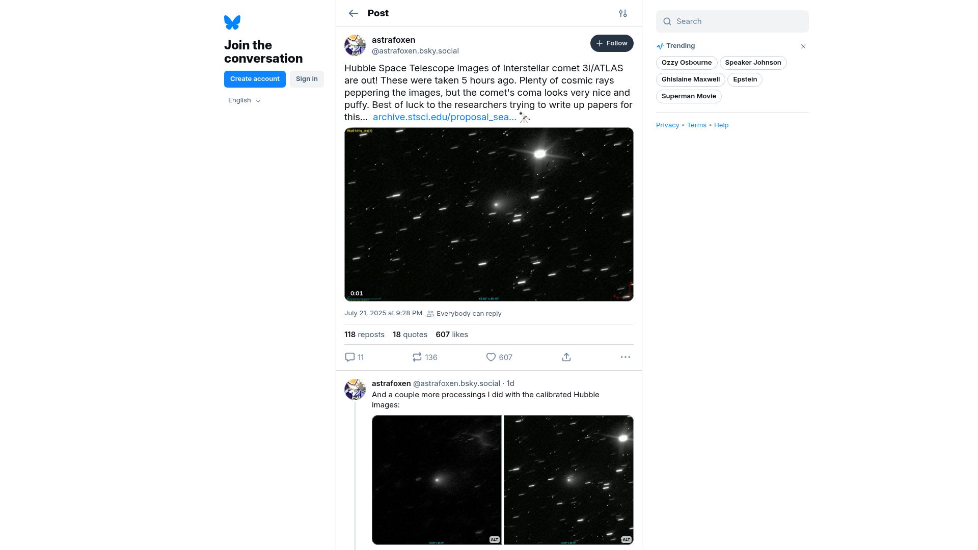 Screenshot of bsky.app: First Hubble telescope images of interstellar comet 3I/ATLAS