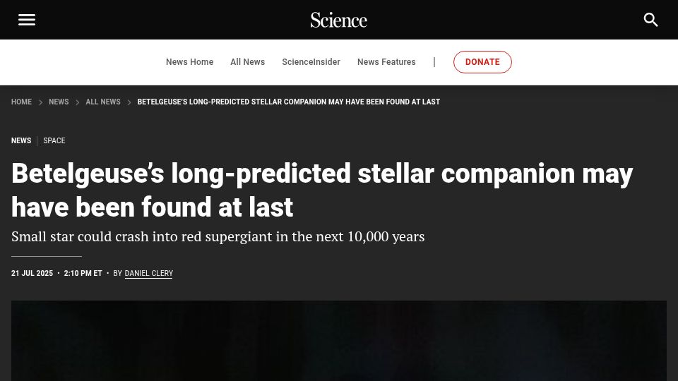 Screenshot of science.org: Gemini North telescope discovers long-predicted stellar companion of Betelgeuse