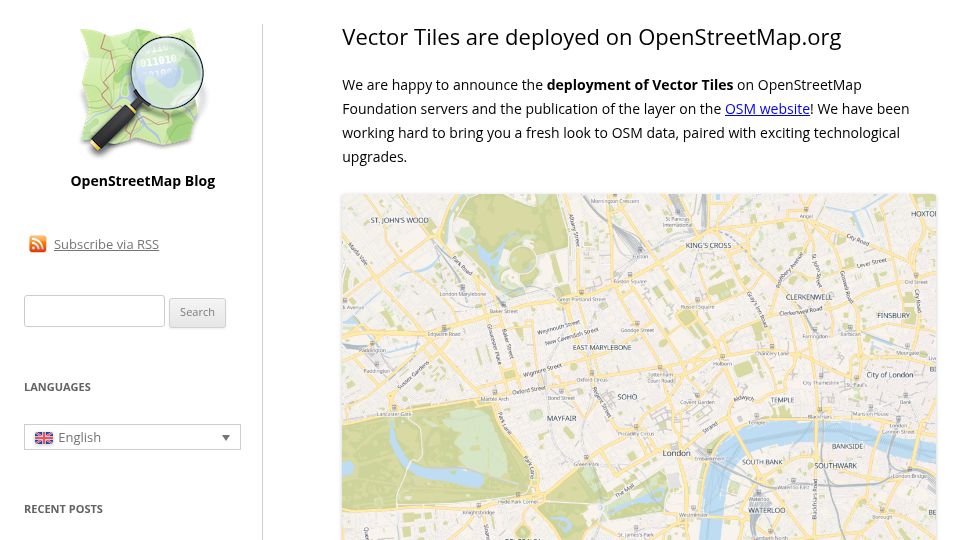 Screenshot of blog.openstreetmap.org: Vector Tiles are deployed on OpenStreetMap.org