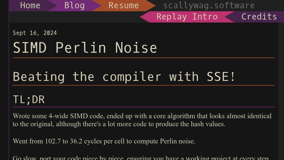 Screenshot of scallywag.software: SIMD Perlin Noise: Beating the Compiler with SSE (2014)