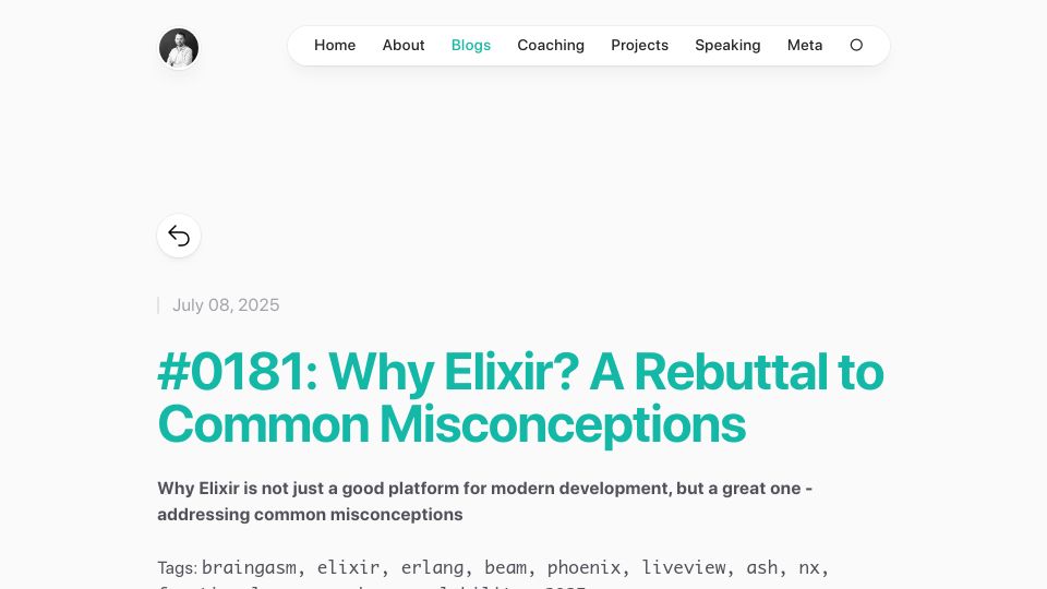 Screenshot of matthewsinclair.com: Why Elixir? Common misconceptions