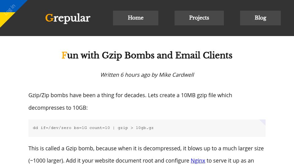 Screenshot of grepular.com: Fun with gzip bombs and email clients