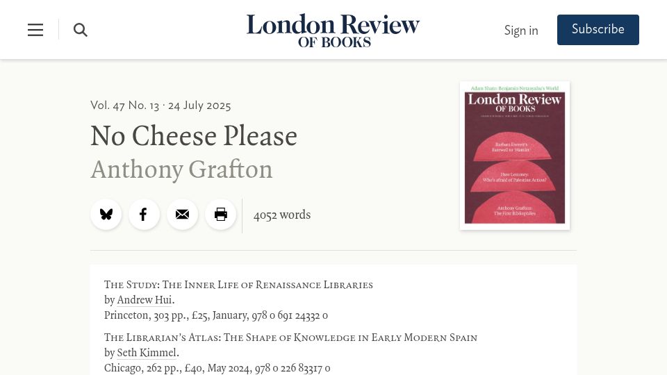 Screenshot of lrb.co.uk: No Cheese Please