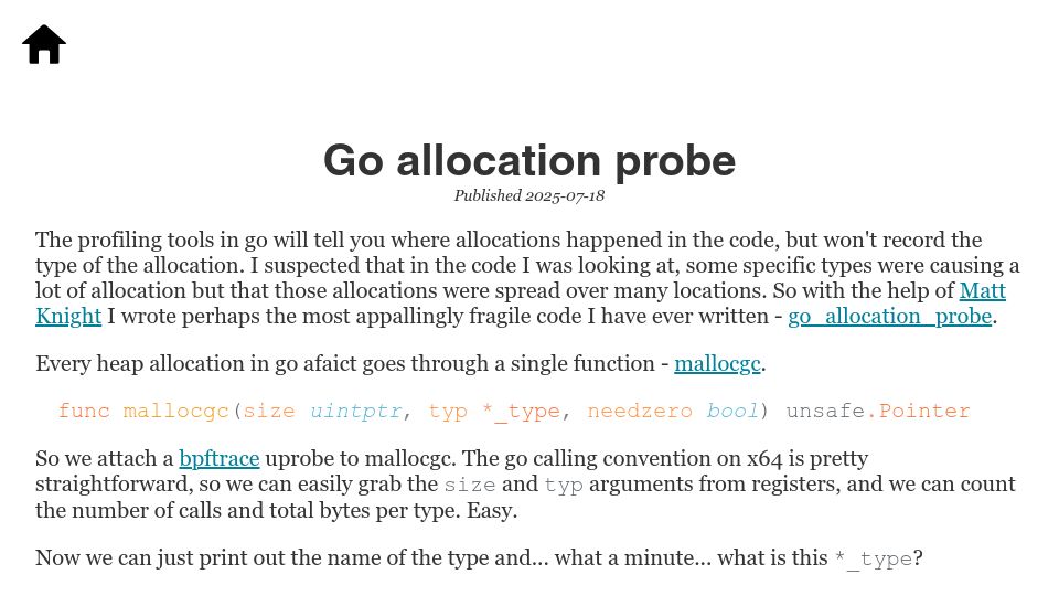Screenshot of scattered-thoughts.net: Go allocation probe