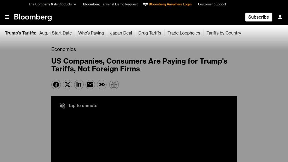 Screenshot of bloomberg.com: Americans are paying for tariffs, not foreign companies