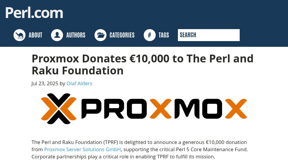 Screenshot of perl.com: Proxmox Donates €10k to the Perl and Raku Foundation