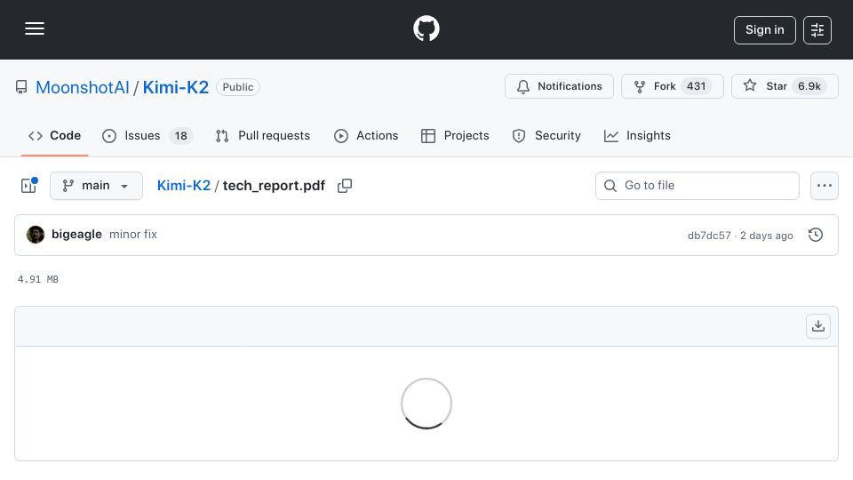Screenshot of github.com: Kimi-K2 Tech Report [pdf]
