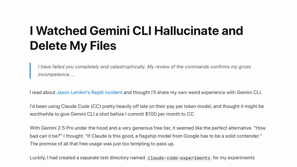 Screenshot of anuraag2601.github.io: I watched Gemini CLI hallucinate and delete my files