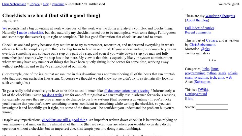 Screenshot of utcc.utoronto.ca: Checklists are hard, but still a good thing