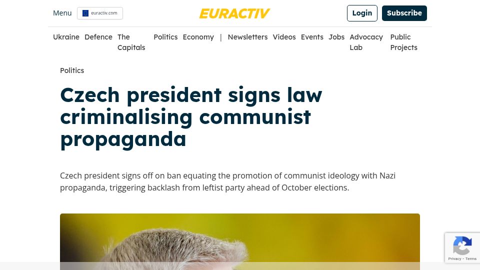 Screenshot of euractiv.com: Czech president signs law criminalising communist propaganda